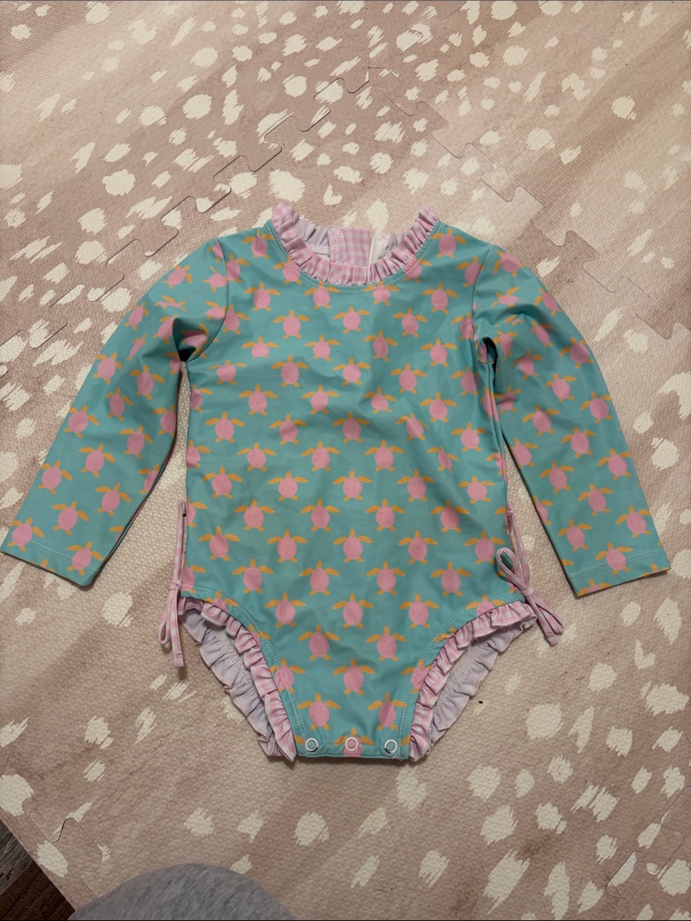 Kids Long Sleeve Swim Rashguard One-Piece - Pink Turtle Print on Teal